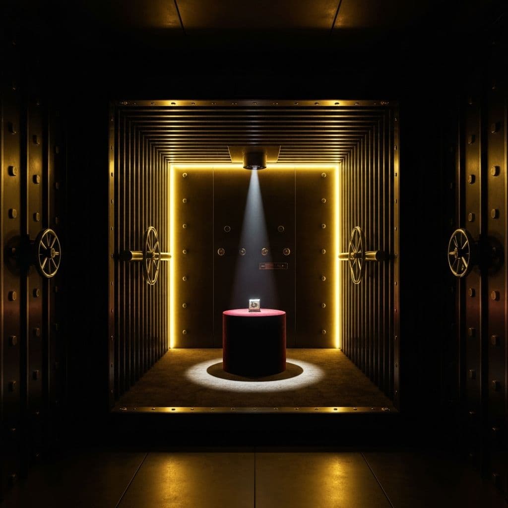 Institutional vault interior with dramatic golden lighting